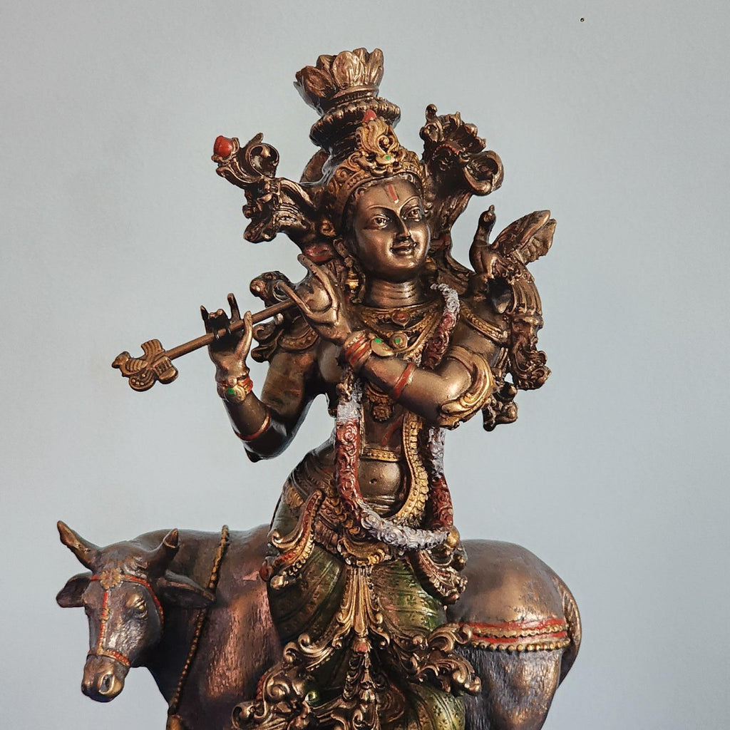 Bronze-Finished Krishna with Cow Statue