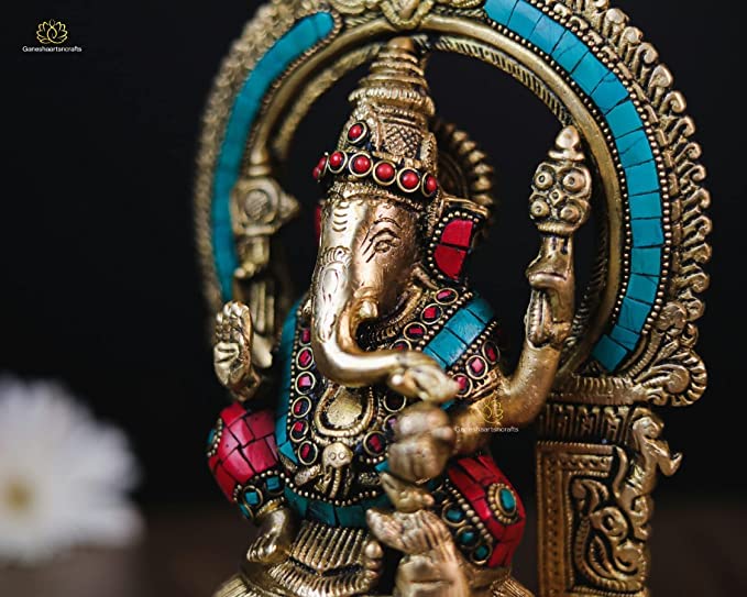 Lord Ganesh Statue 10 inch Brass with Stone work