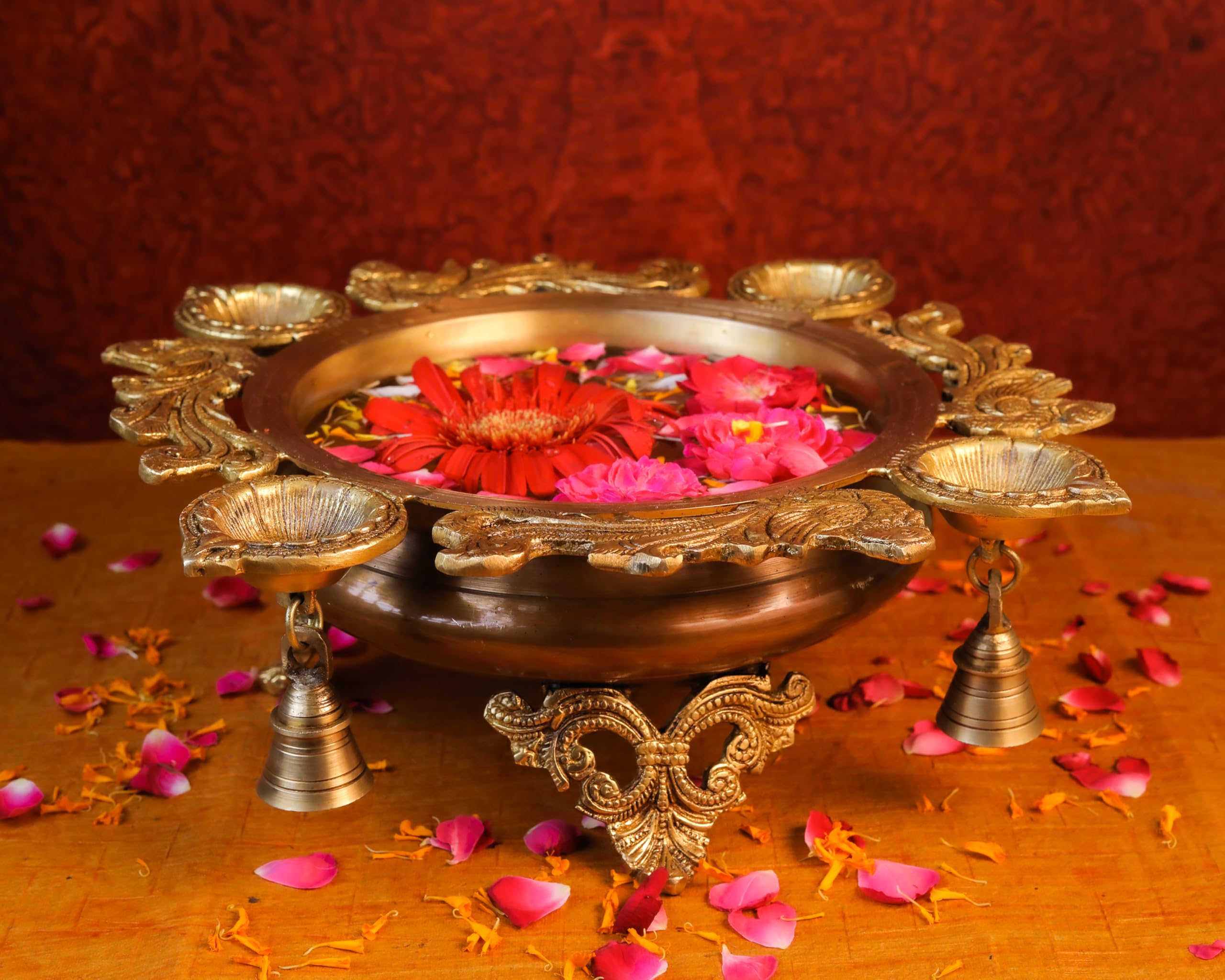 Brass Peacock Urli | Traditional Bowl with Four Diya Holder | Diwali Decorations Pot |