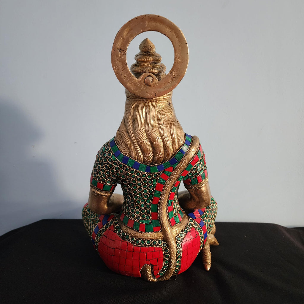 Lord Hanuam Statue 12 inch Meditation Brass Hanuman Idol with Mosaic Stone Work Devotee of Lord Ram ji