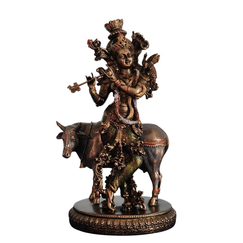 Bronze-Finished Krishna with Cow Statue