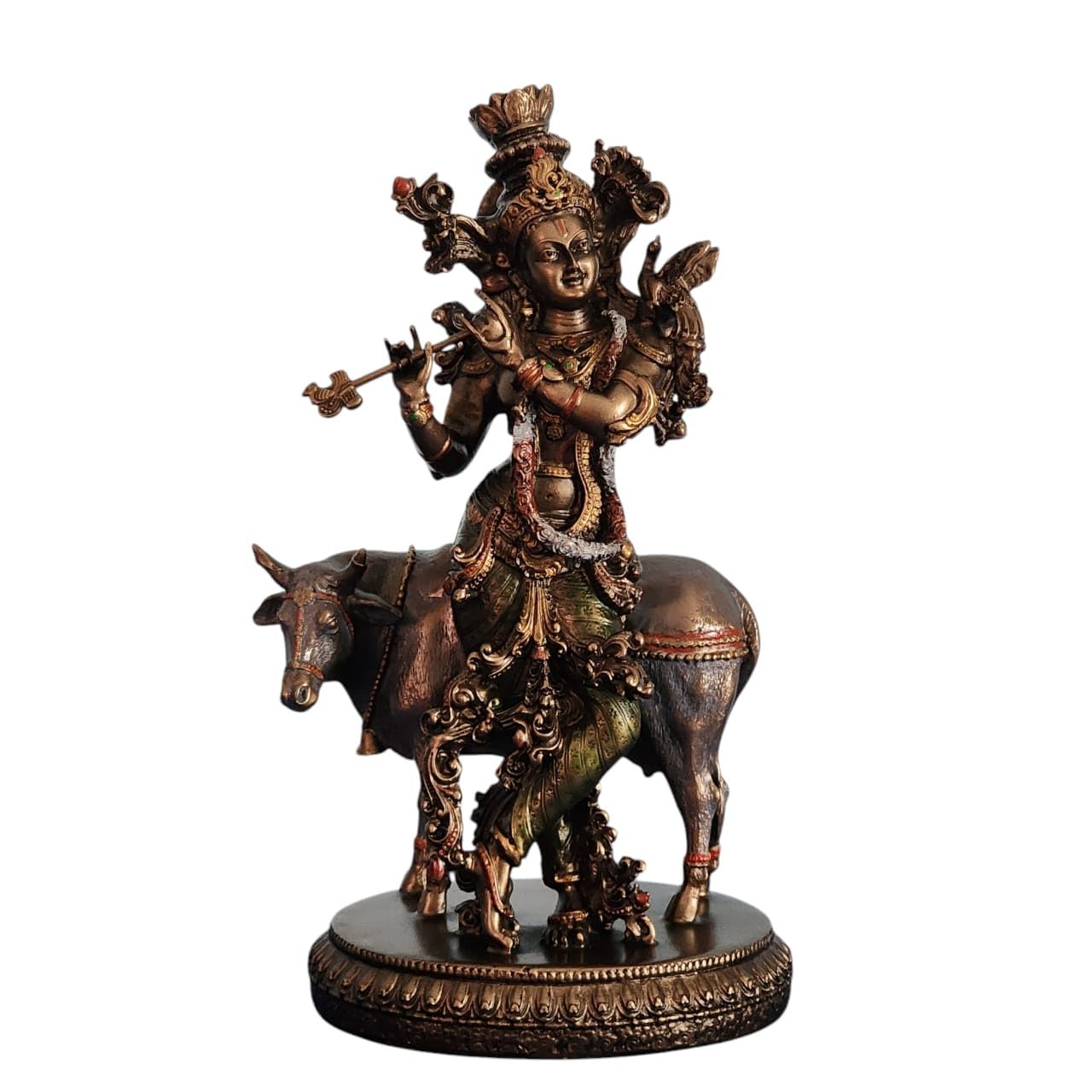 Bronze-Finished Krishna with Cow Statue