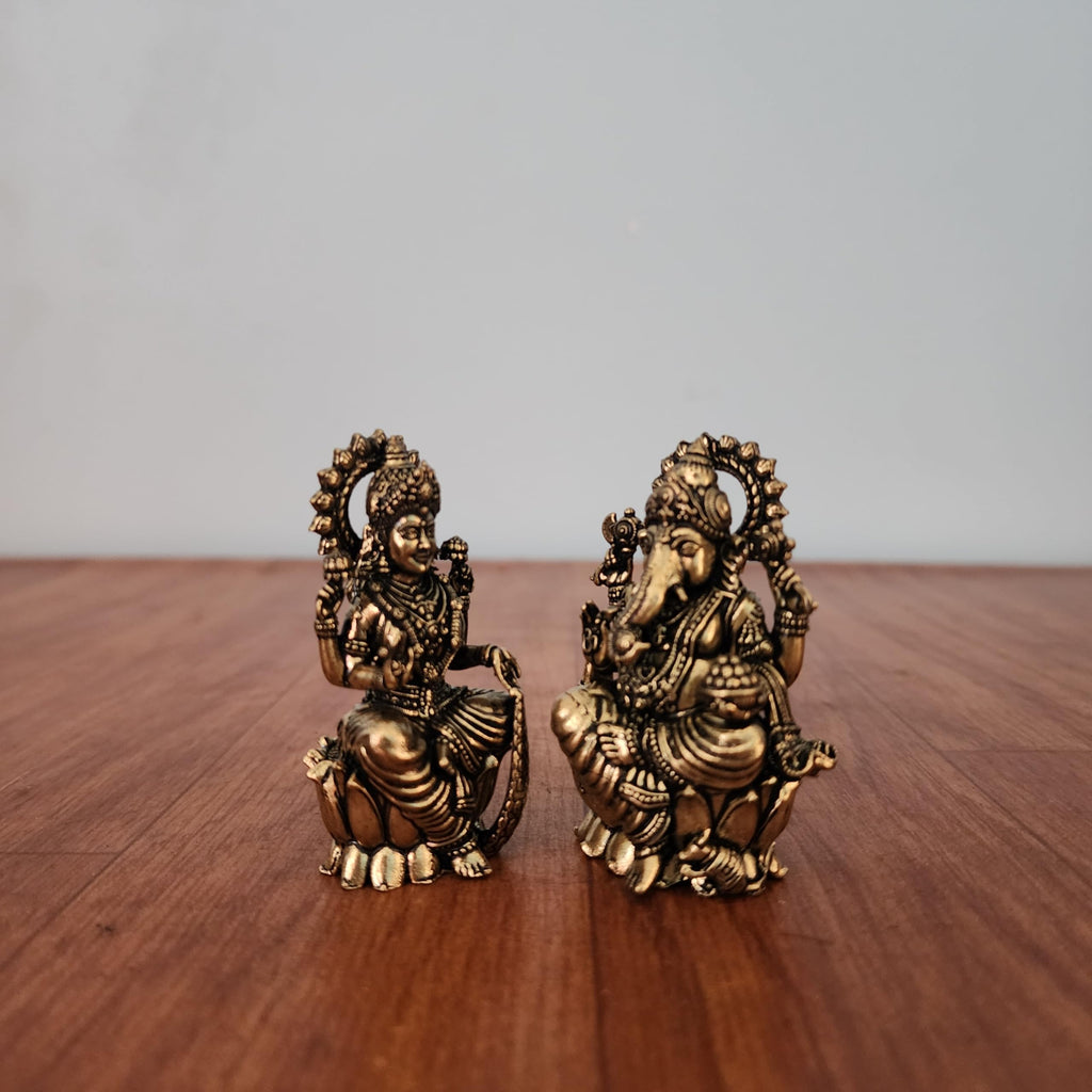 Mini Divine Lord Ganesh & MATA Laxmi Brass Idol, 2.6 Inch Perfect for Small Temple