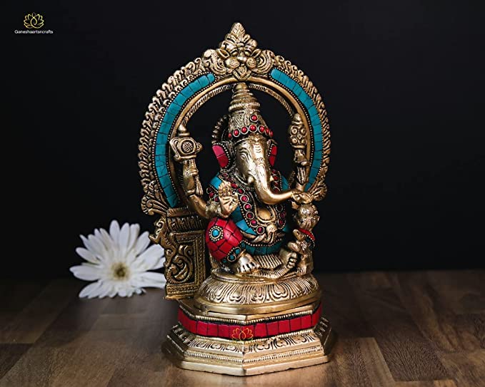 Lord Ganesh Statue 10 inch Brass with Stone work