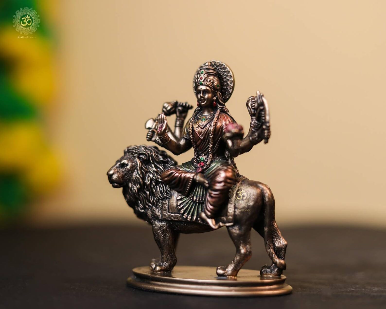 Goddess Durga Statue On Lion 3.5 Inch Bonded Bronze Resin Car Dashboard