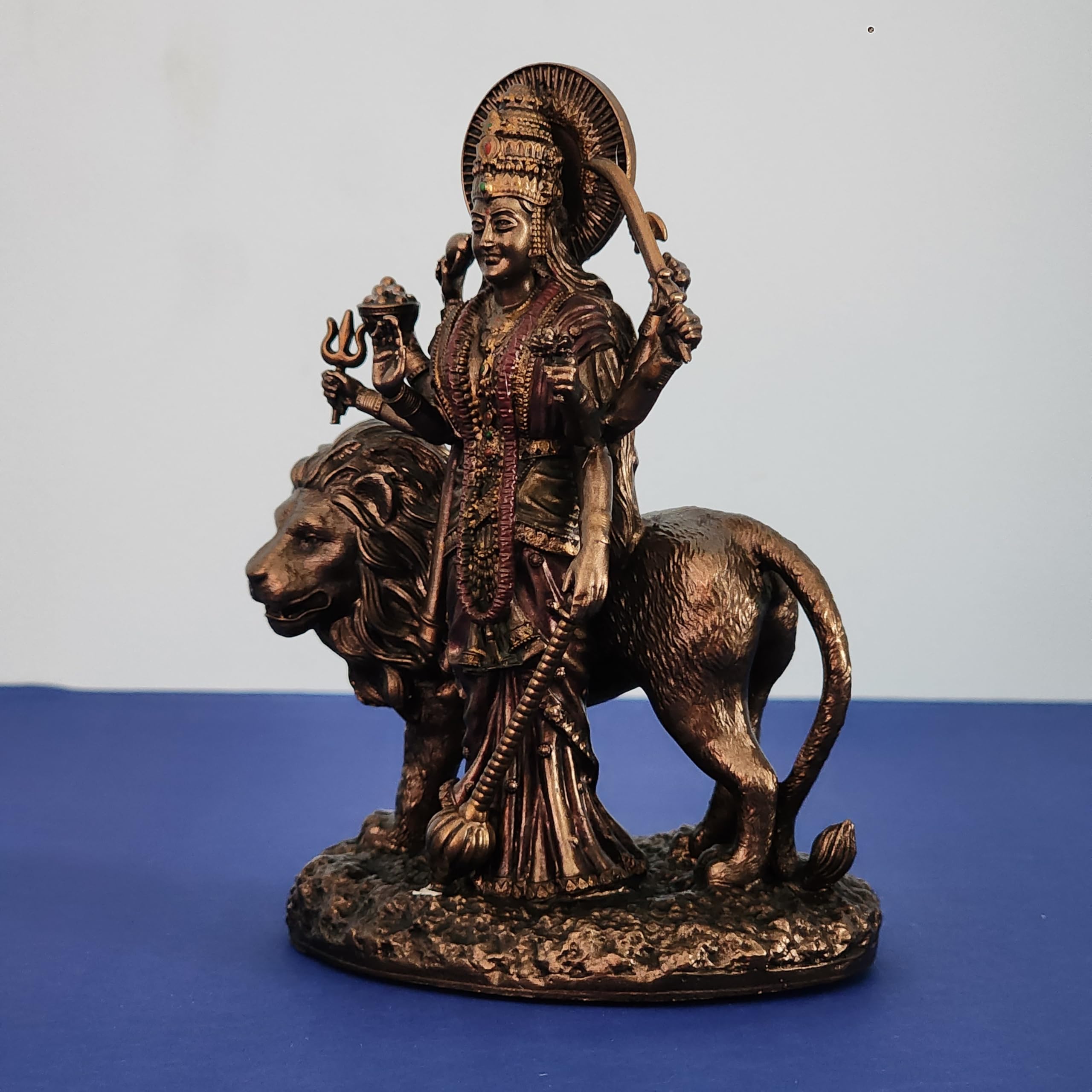 Goddess Durga Statue On Lion 6 Inch Bronze Finished Sherawali MATA Moorti for Small Temple
