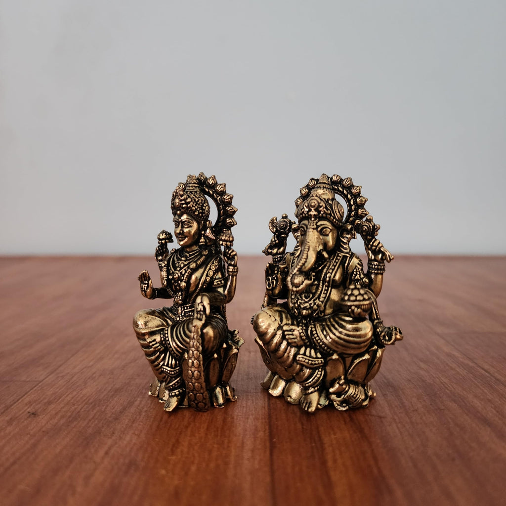 Mini Divine Lord Ganesh & MATA Laxmi Brass Idol, 2.6 Inch Perfect for Small Temple