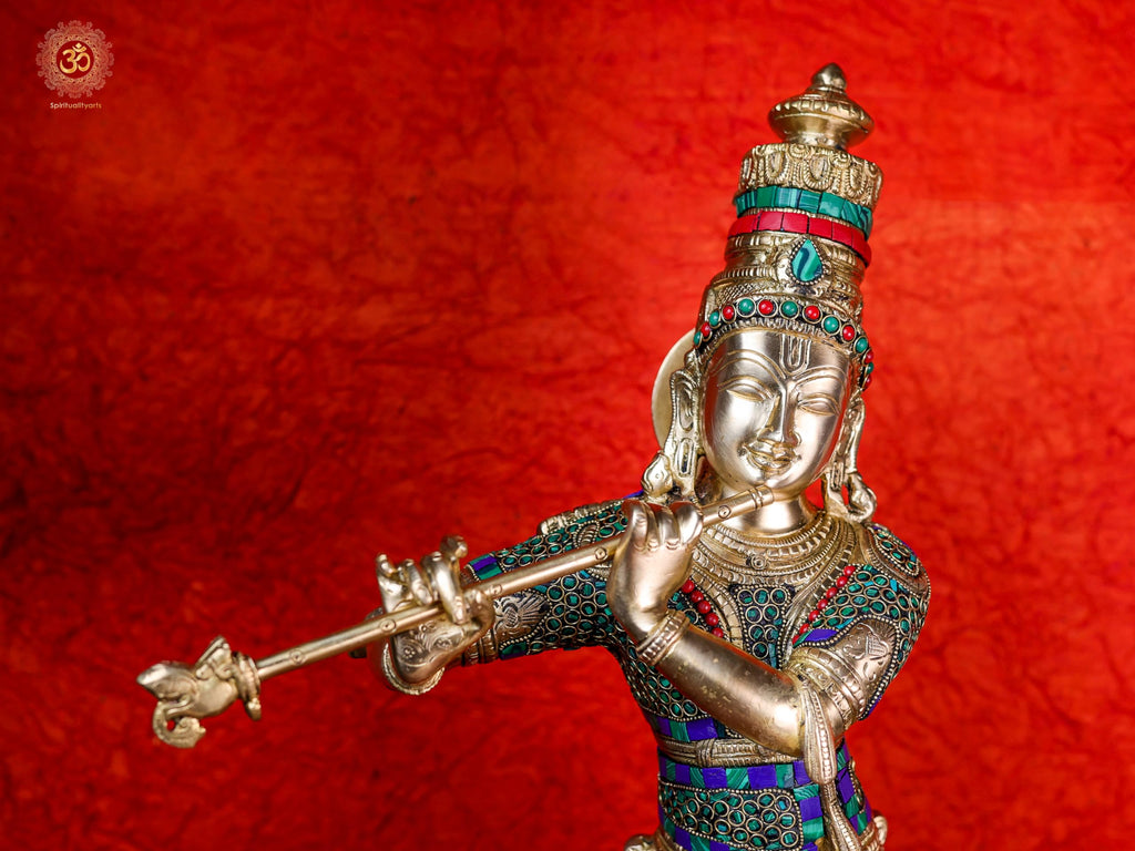 Lord Krishna Statue 60 cm Brass with Turquoise N Coral Gemstone Work
