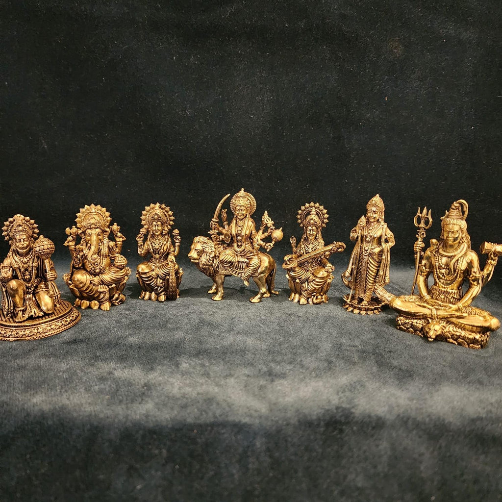 Brass Durga MATA,Laxmi, Lord Ganesh, Maa Saraswati, Lord Shiva & Lord Hanuman, kartikeya set of 7 god godess