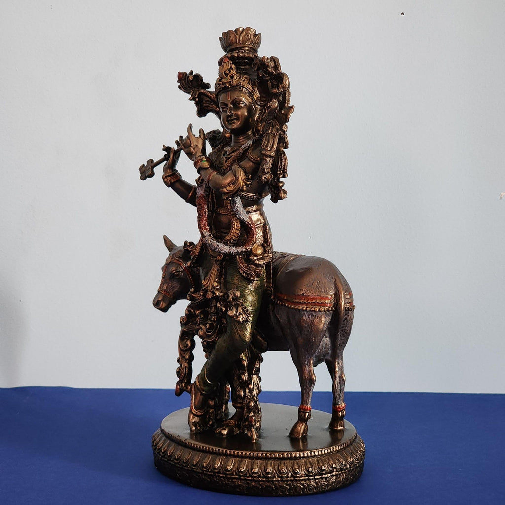 Bronze-Finished Krishna with Cow Statue