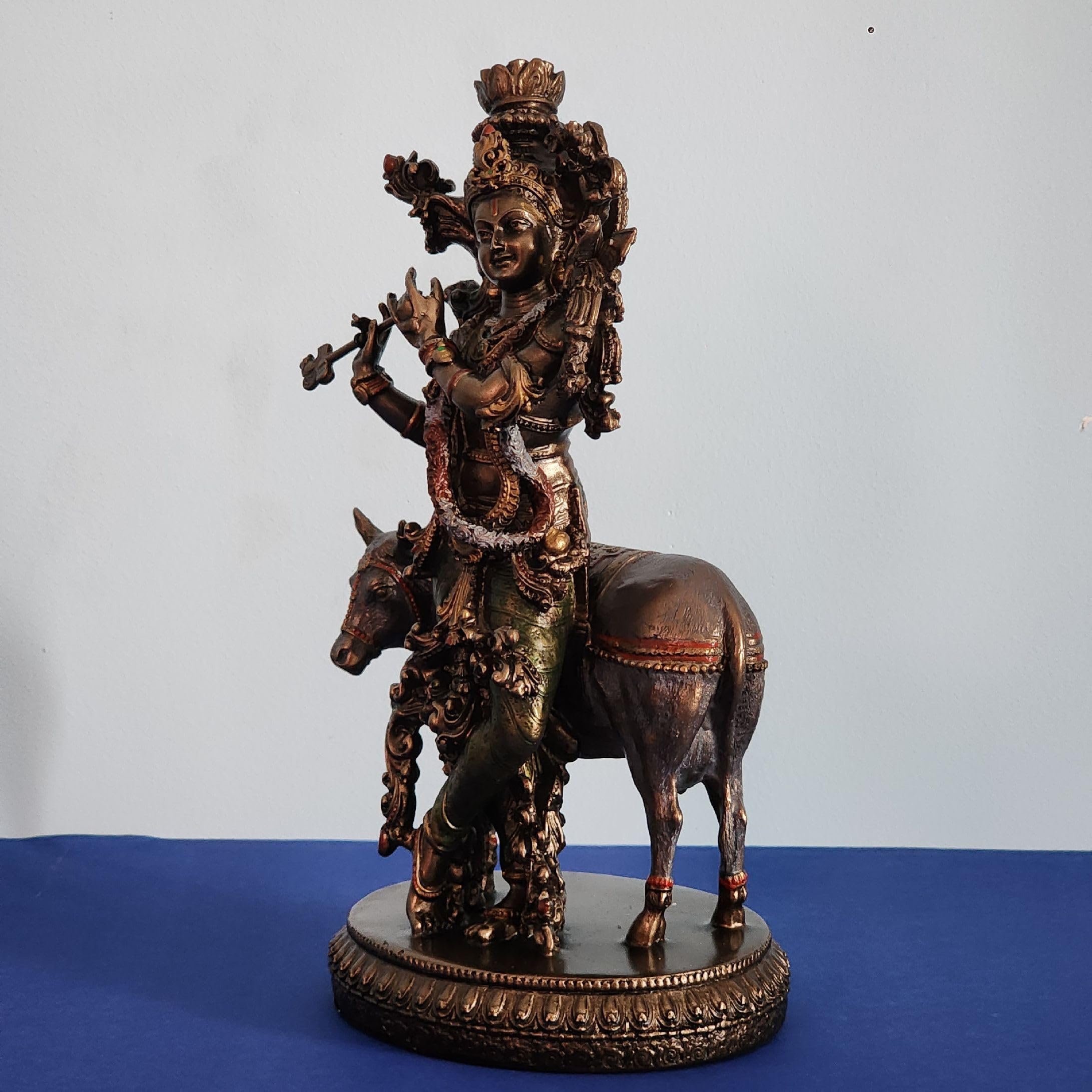 Bronze-Finished Krishna with Cow Statue
