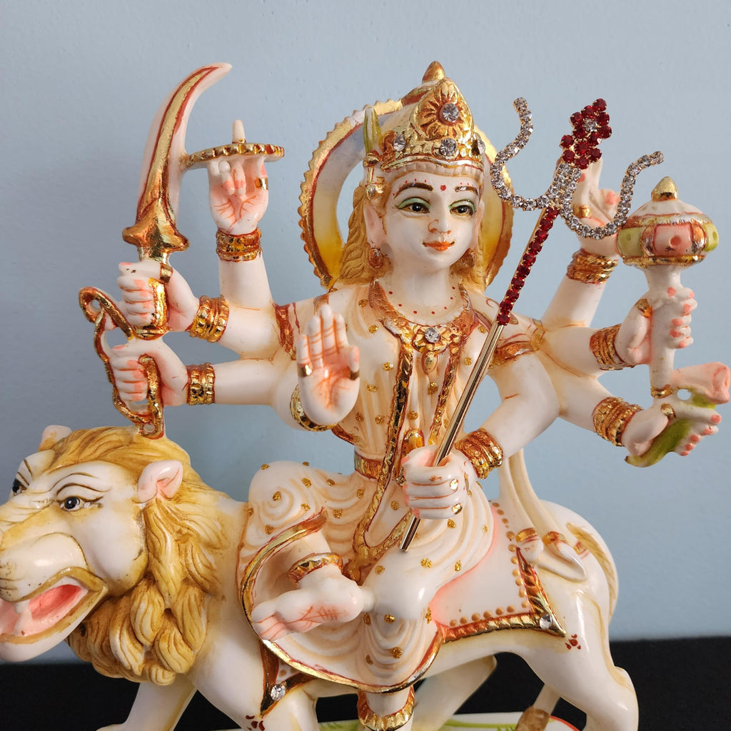 Goddess Durga Statue On Lion 9 Inch Marble Sherawali MATA Moorti