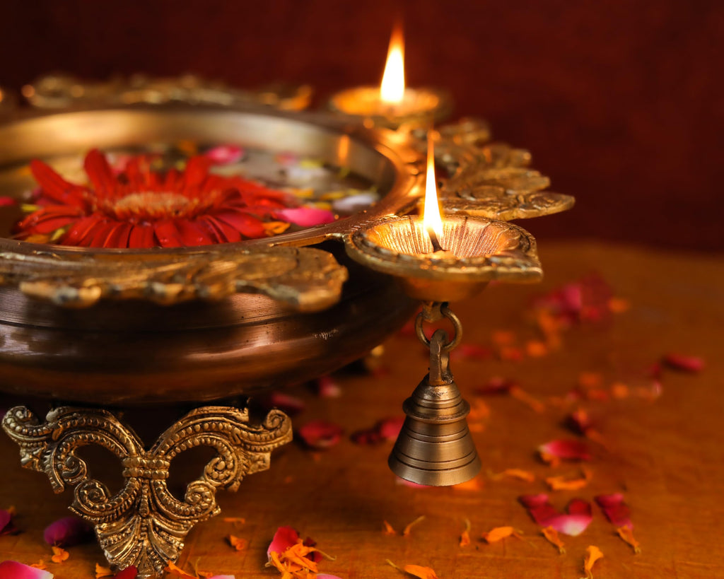 Brass Peacock Urli | Traditional Bowl with Four Diya Holder | Diwali Decorations Pot |