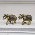Two ornate brass elephant figurines on a light wooden surface.