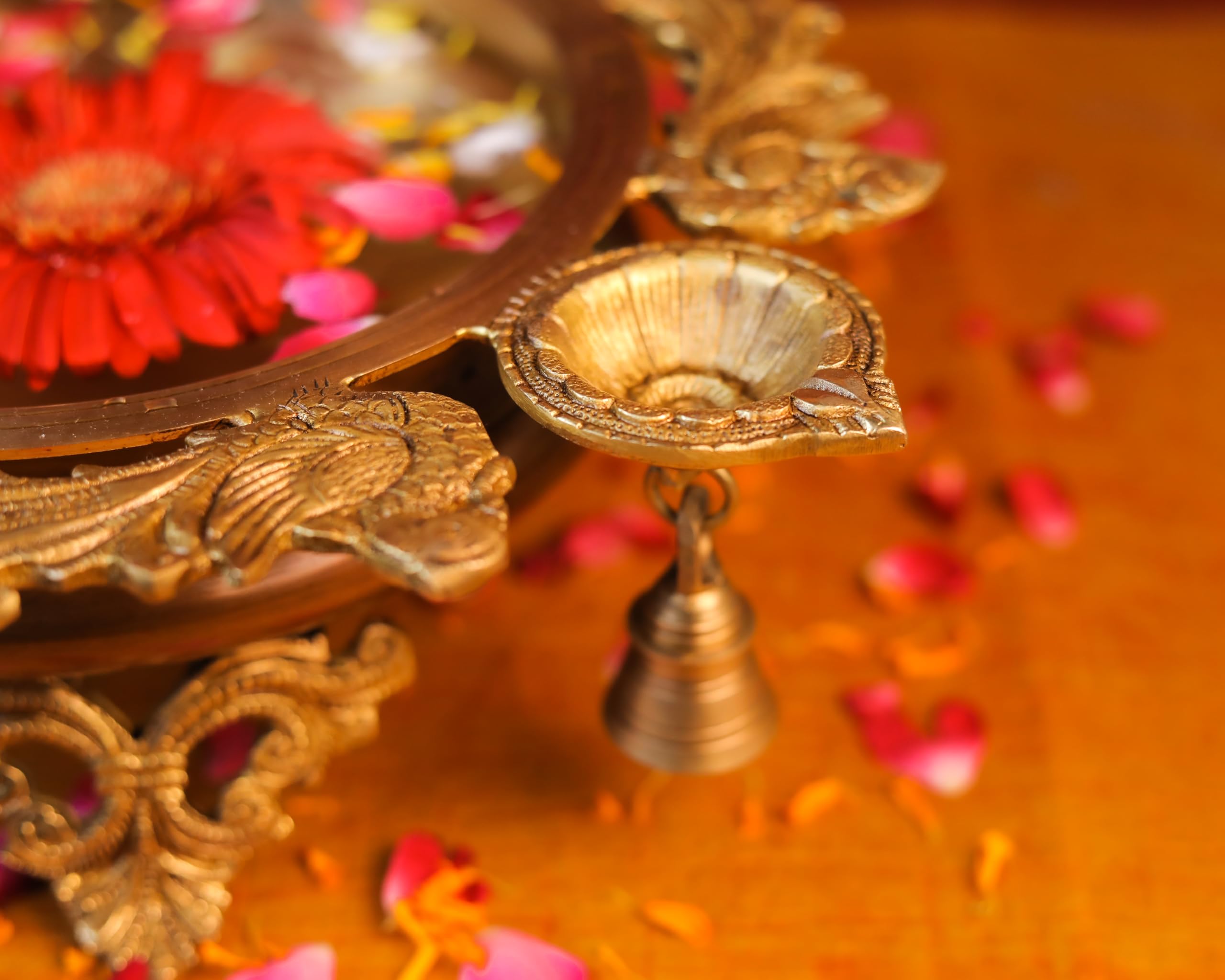 Brass Peacock Urli | Traditional Bowl with Four Diya Holder | Diwali Decorations Pot |