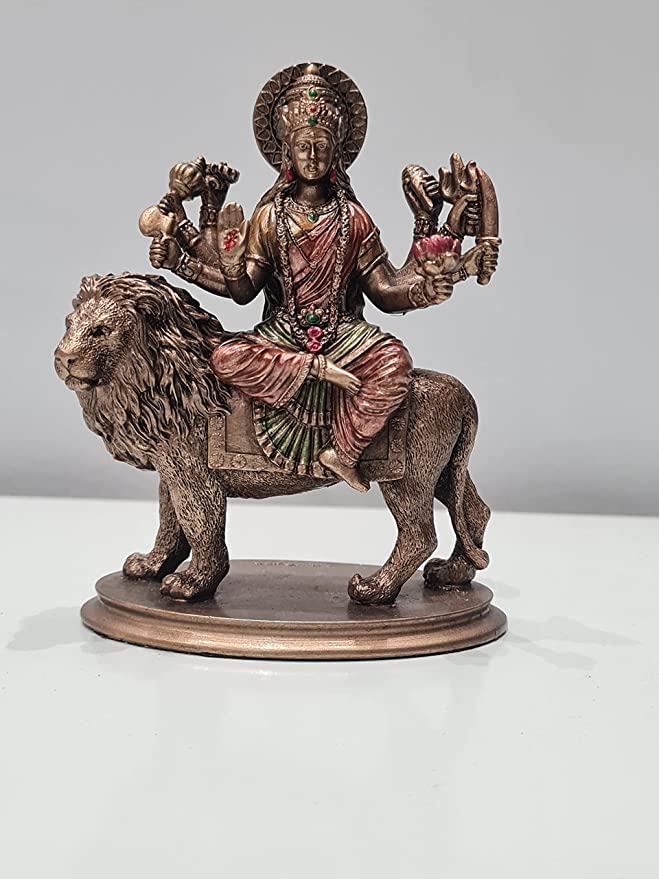 Goddess Durga Statue On Lion 3.5 Inch Bonded Bronze Resin Car Dashboard