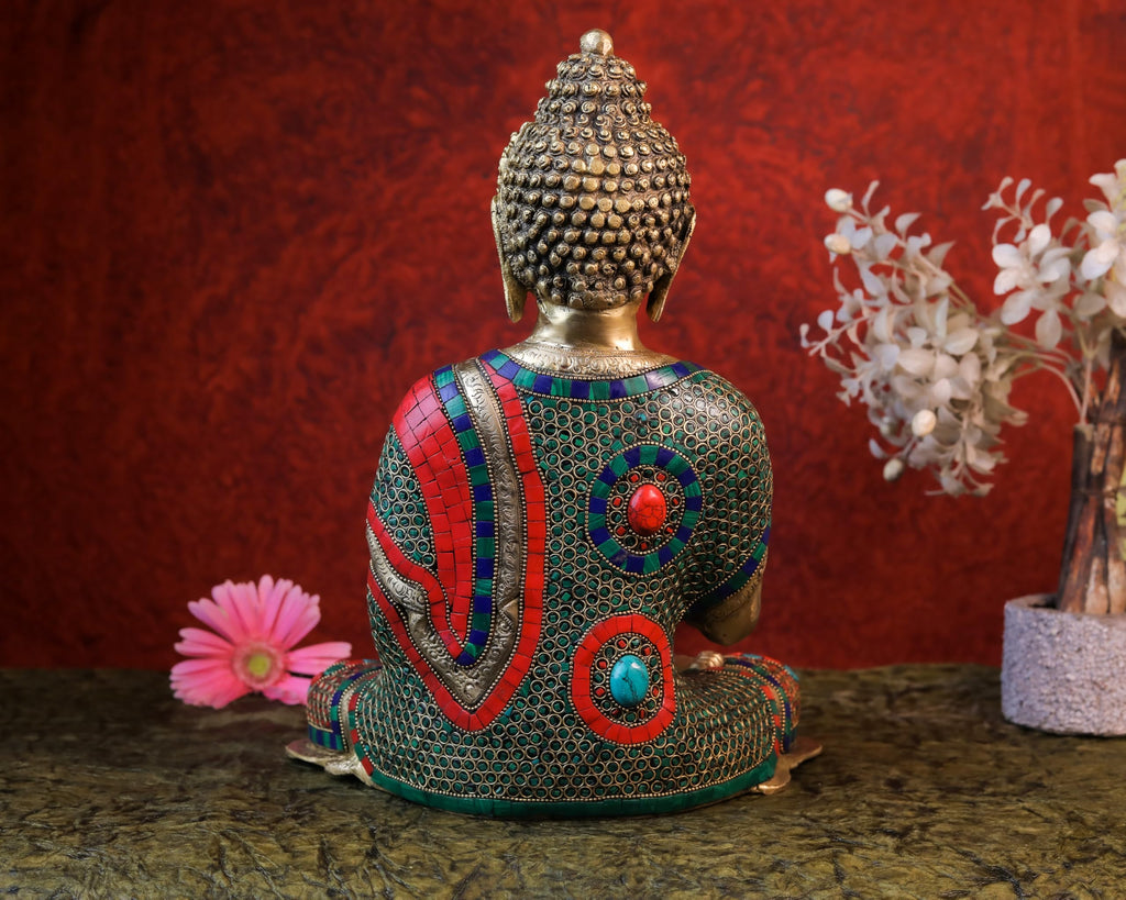 Brass Buddha Statue |14 Inch | Inlay Work | Meditation Gautam Budh Figurine | Decor Yoga Room