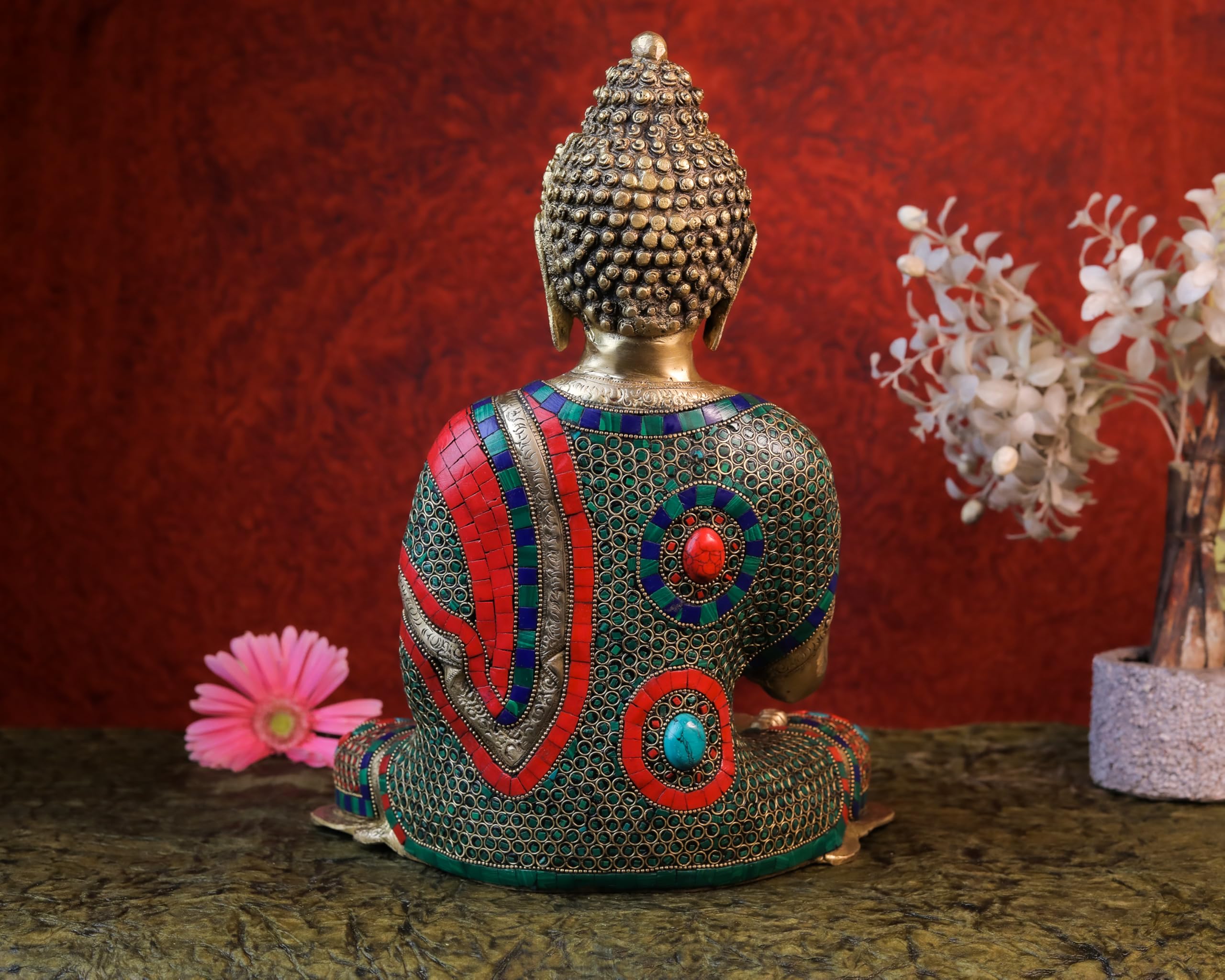 Brass Buddha Statue |14 Inch | Inlay Work | Meditation Gautam Budh Figurine | Decor Yoga Room