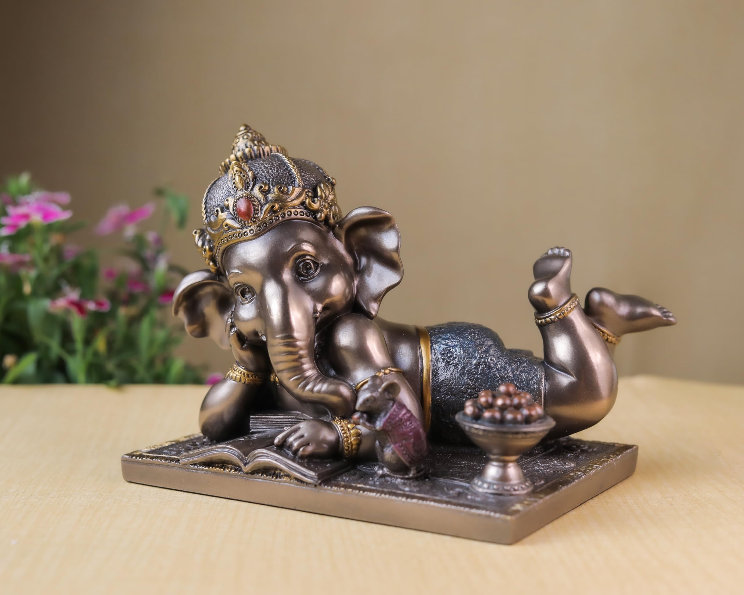 Baby Ganesh Statue | Bronze Finished Relaxing Ganesha Idol | 5 inch