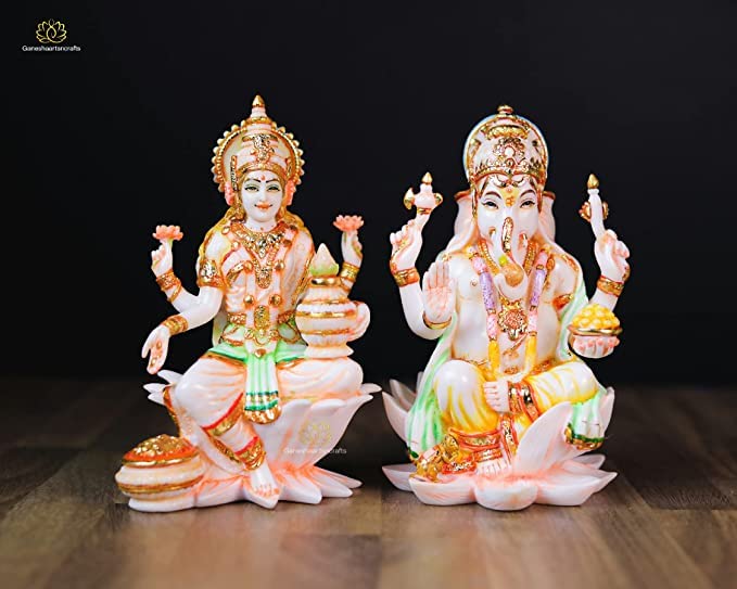 Lakshmi Ganesh ji Statue 19 cm Marble Dust Hand Painted Diwali Puja Idol