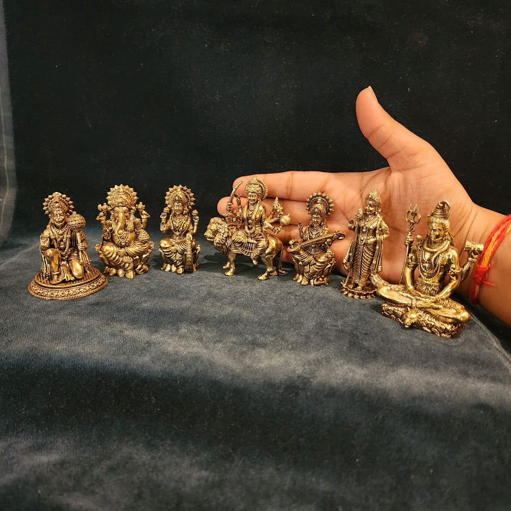 Brass Durga MATA,Laxmi, Lord Ganesh, Maa Saraswati, Lord Shiva & Lord Hanuman, kartikeya set of 7 god godess