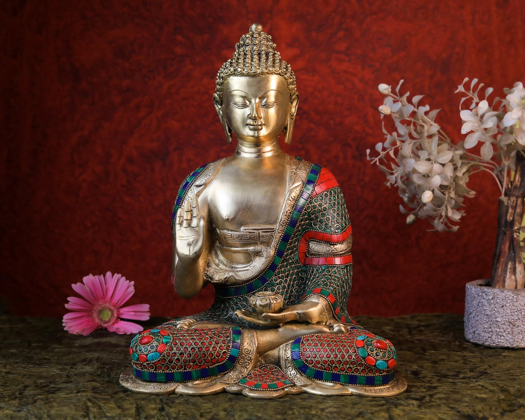 Brass Buddha Statue |14 Inch | Inlay Work | Meditation Gautam Budh Figurine | Decor Yoga Room