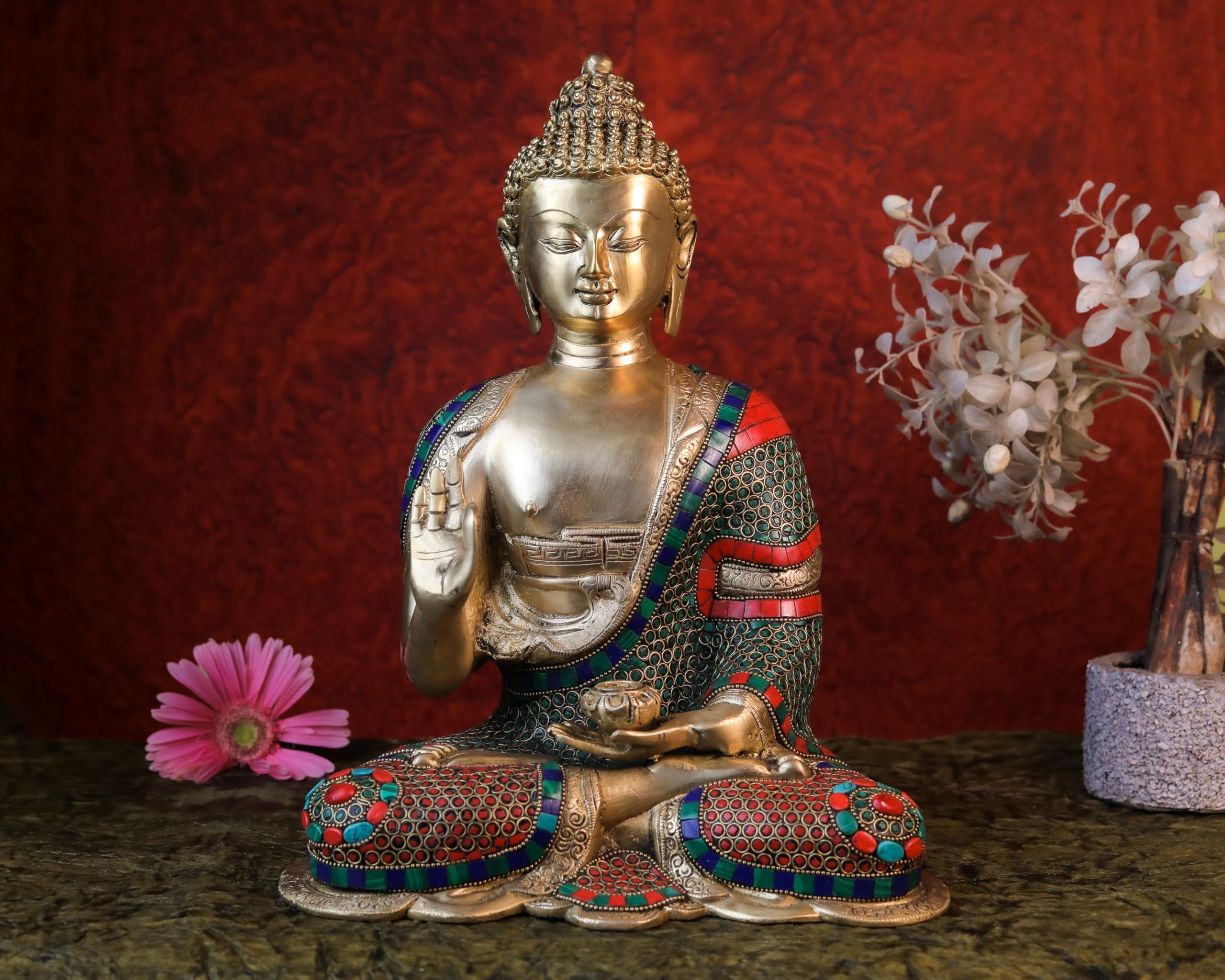 Brass Buddha Statue |14 Inch | Inlay Work | Meditation Gautam Budh Figurine | Decor Yoga Room