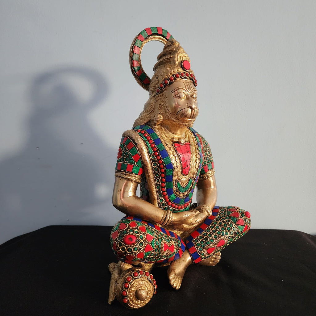 Lord Hanuam Statue 12 inch Meditation Brass Hanuman Idol with Mosaic Stone Work Devotee of Lord Ram ji