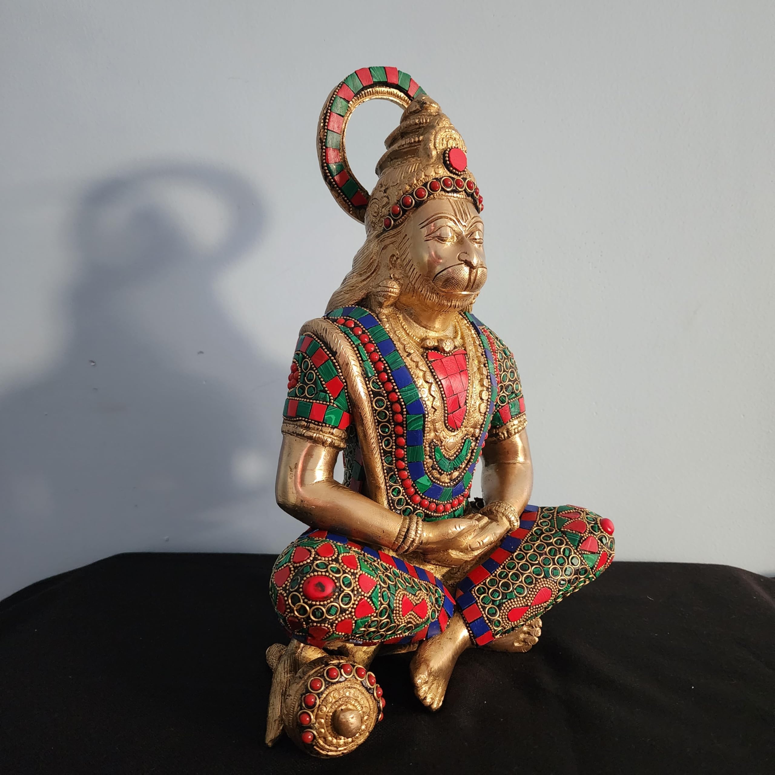 Lord Hanuam Statue 12 inch Meditation Brass Hanuman Idol with Mosaic Stone Work Devotee of Lord Ram ji