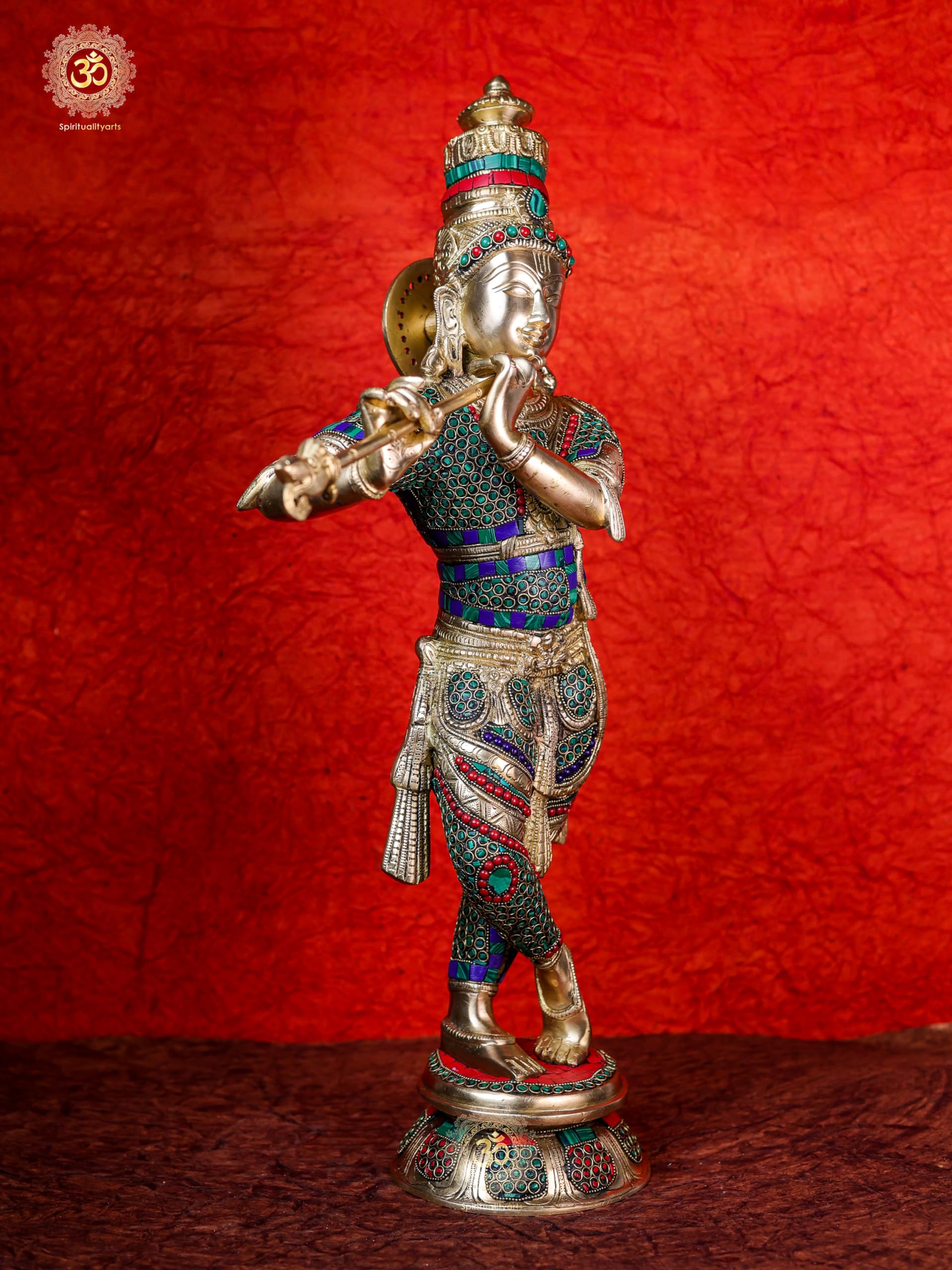 Lord Krishna Statue 60 cm Brass with Turquoise N Coral Gemstone Work
