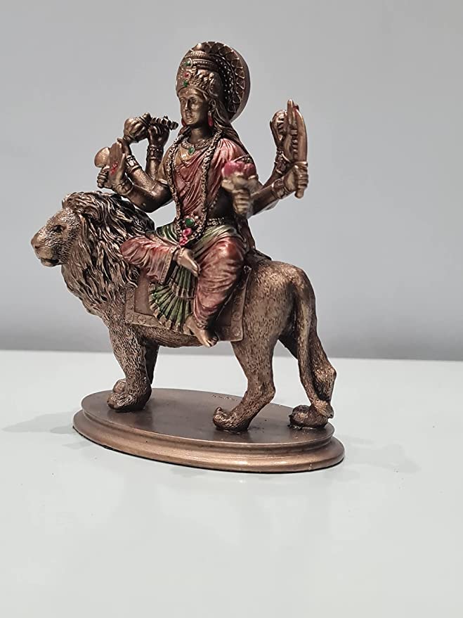 Goddess Durga Statue On Lion 3.5 Inch Bonded Bronze Resin Car Dashboard