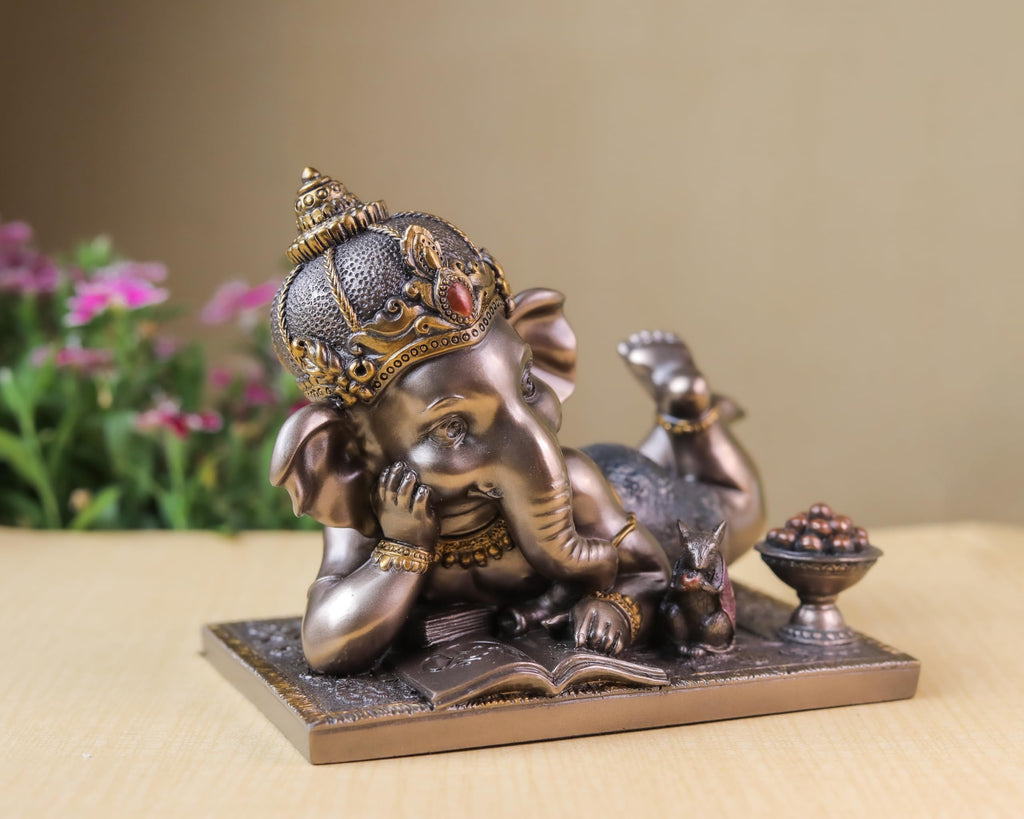 Baby Ganesh Statue | Bronze Finished Relaxing Ganesha Idol | 5 inch