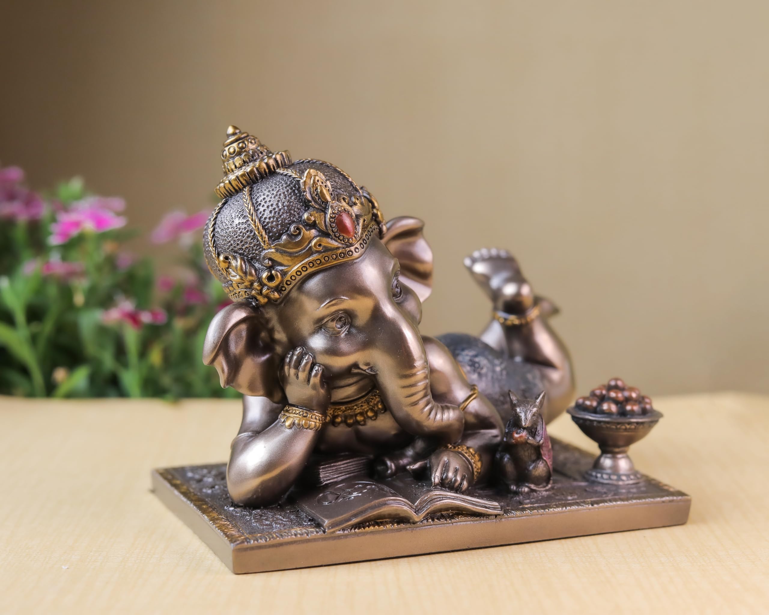 Baby Ganesh Statue | Bronze Finished Relaxing Ganesha Idol | 5 inch