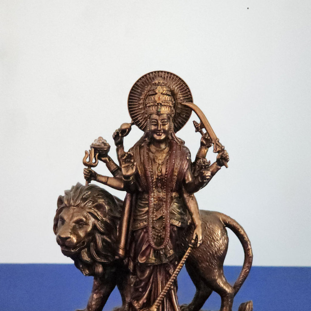 Goddess Durga Statue On Lion 6 Inch Bronze Finished Sherawali MATA Moorti for Small Temple