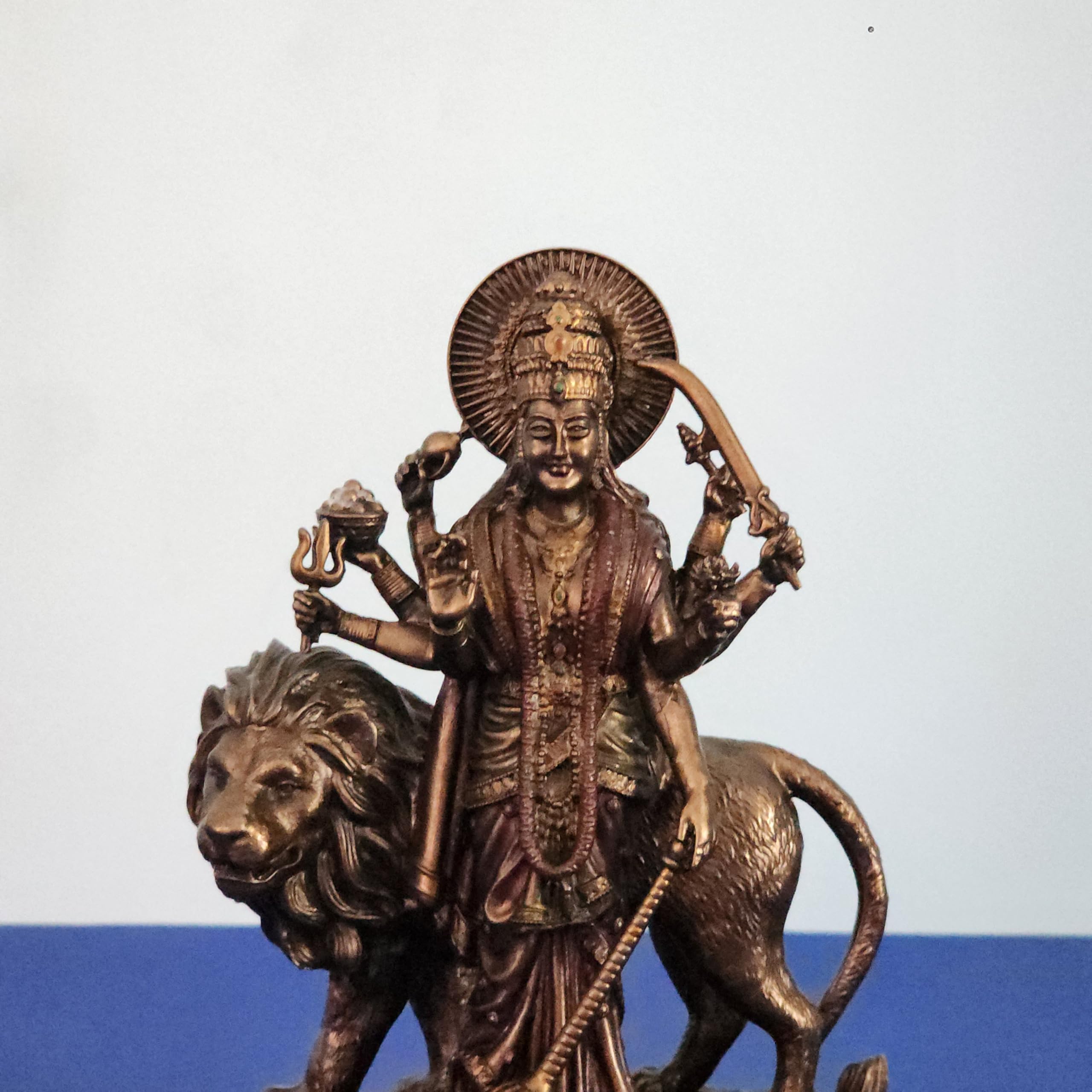 Goddess Durga Statue On Lion 6 Inch Bronze Finished Sherawali MATA Moorti for Small Temple