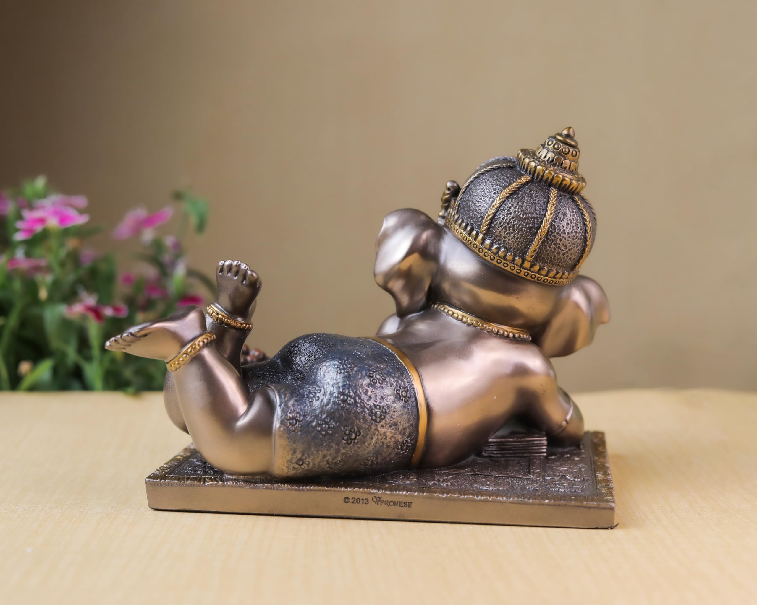 Baby Ganesh Statue | Bronze Finished Relaxing Ganesha Idol | 5 inch