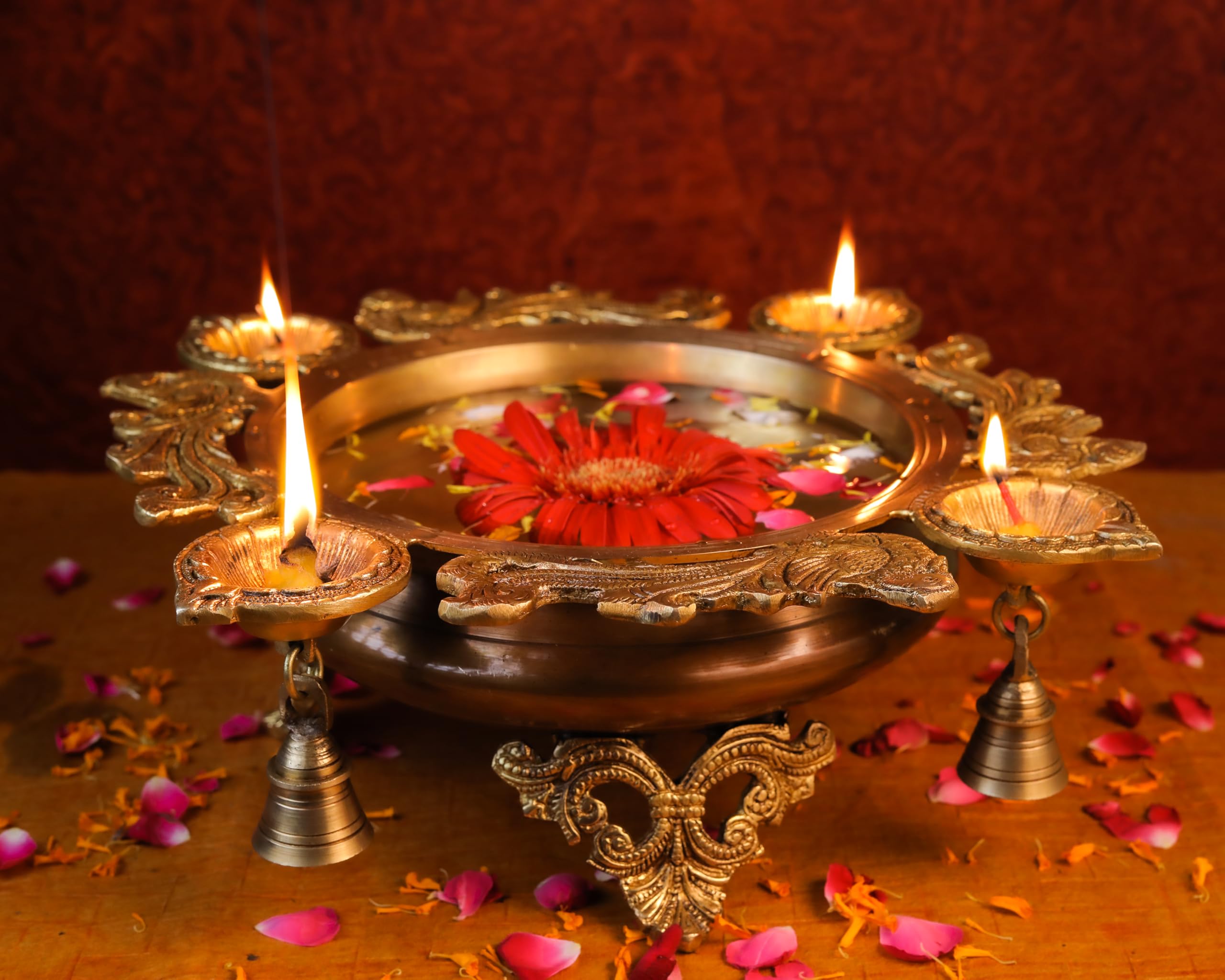 Brass Peacock Urli | Traditional Bowl with Four Diya Holder | Diwali Decorations Pot |