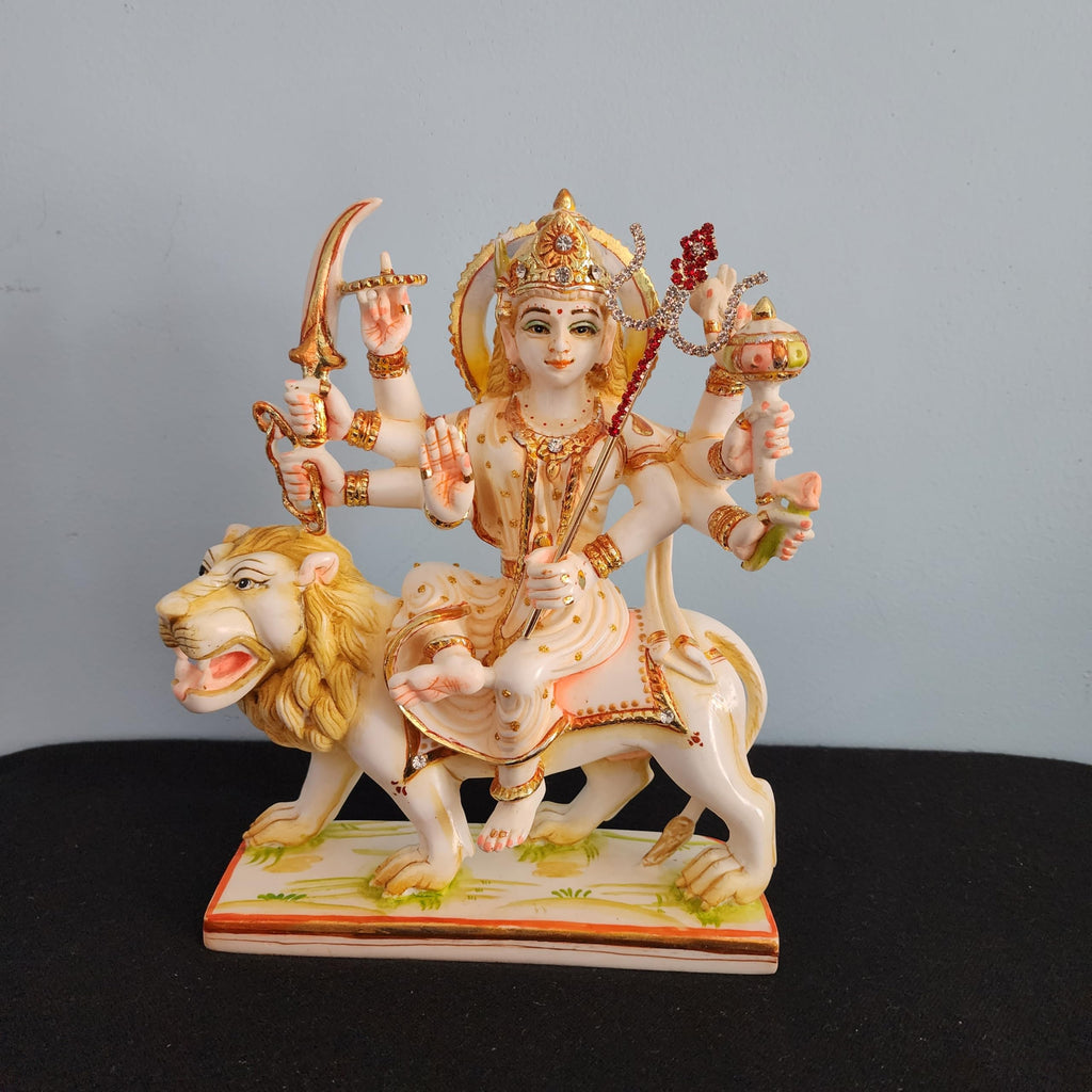 Goddess Durga Statue On Lion 9 Inch Marble Sherawali MATA Moorti