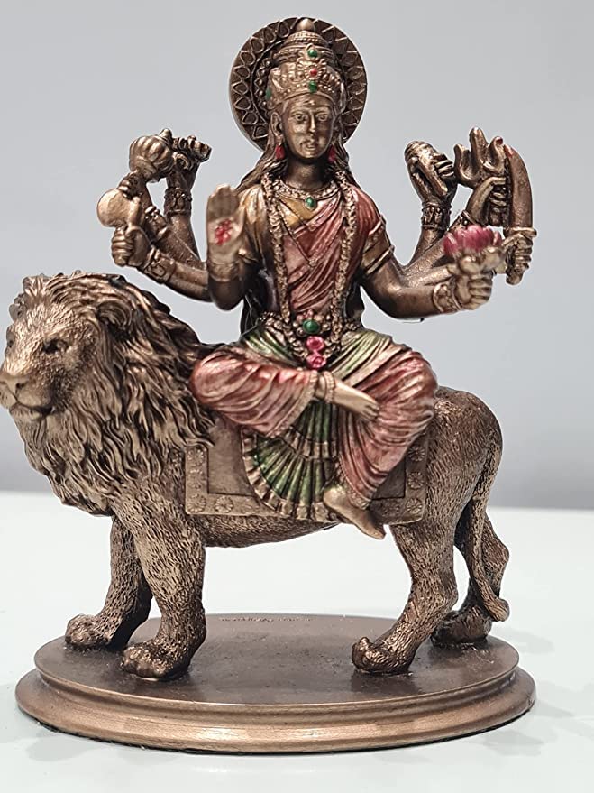 Goddess Durga Statue On Lion 3.5 Inch Bonded Bronze Resin Car Dashboard