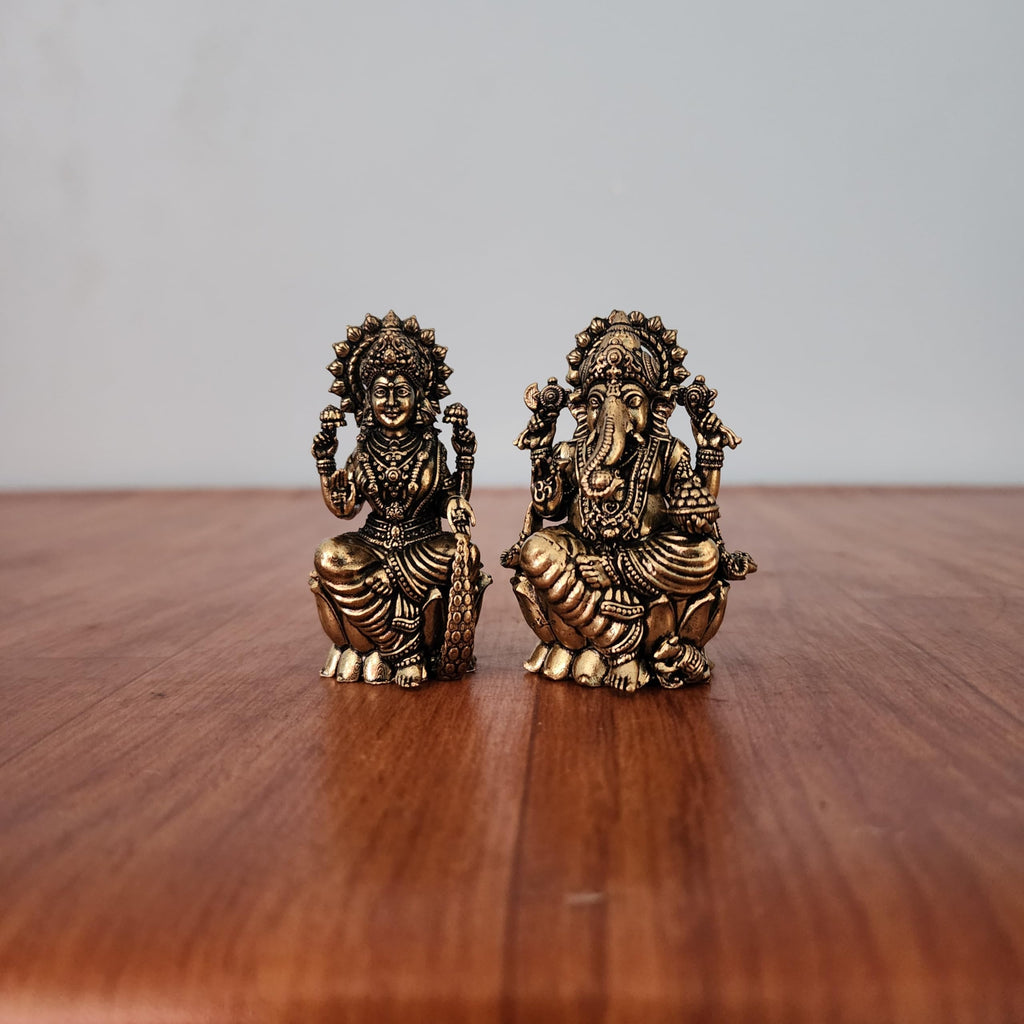 Mini Divine Lord Ganesh & MATA Laxmi Brass Idol, 2.6 Inch Perfect for Small Temple