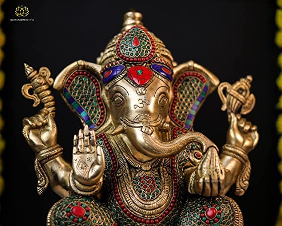  Lord Ganesh Statue Large Size Brass Ganapati Idol with Mosaic Stone Work 