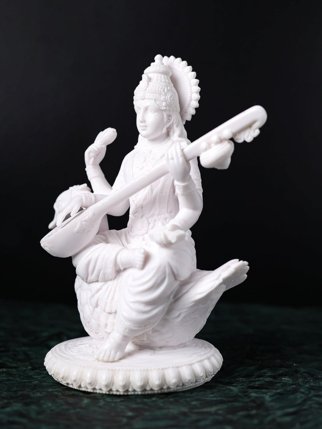 White Dust Marble Saraswati MAA Statue | Saraswati on Swan | 8 Inch | Goddess of Knowledge & Wisdom