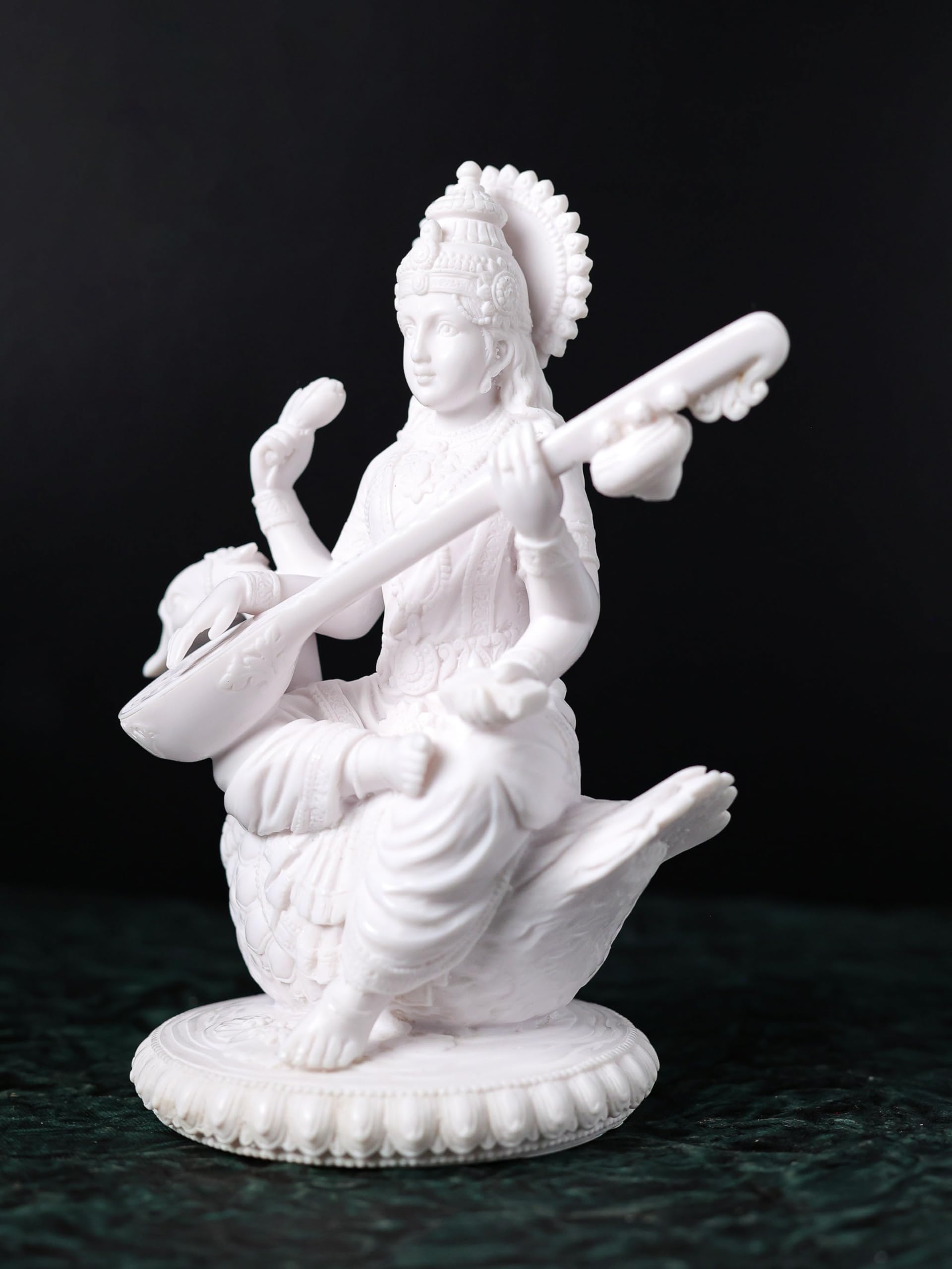 White Dust Marble Saraswati MAA Statue | Saraswati on Swan | 8 Inch | Goddess of Knowledge & Wisdom