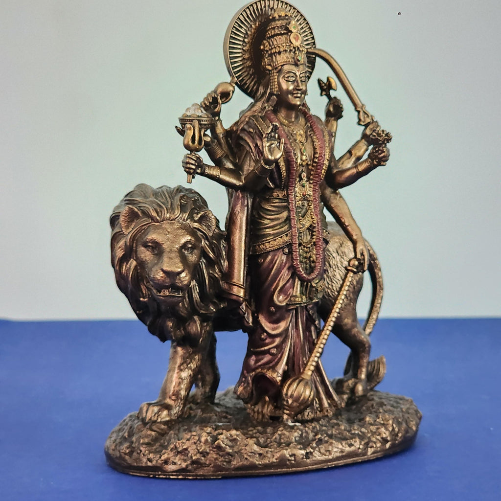 Goddess Durga Statue On Lion 6 Inch Bronze Finished Sherawali MATA Moorti for Small Temple