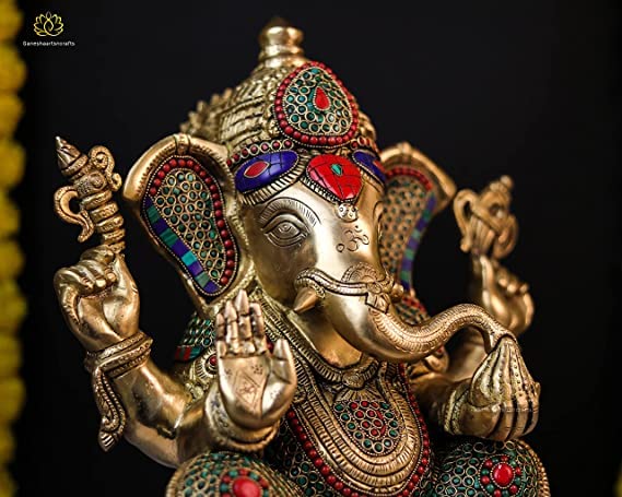  Lord Ganesh Statue Large Size Brass Ganapati Idol with Mosaic Stone Work 