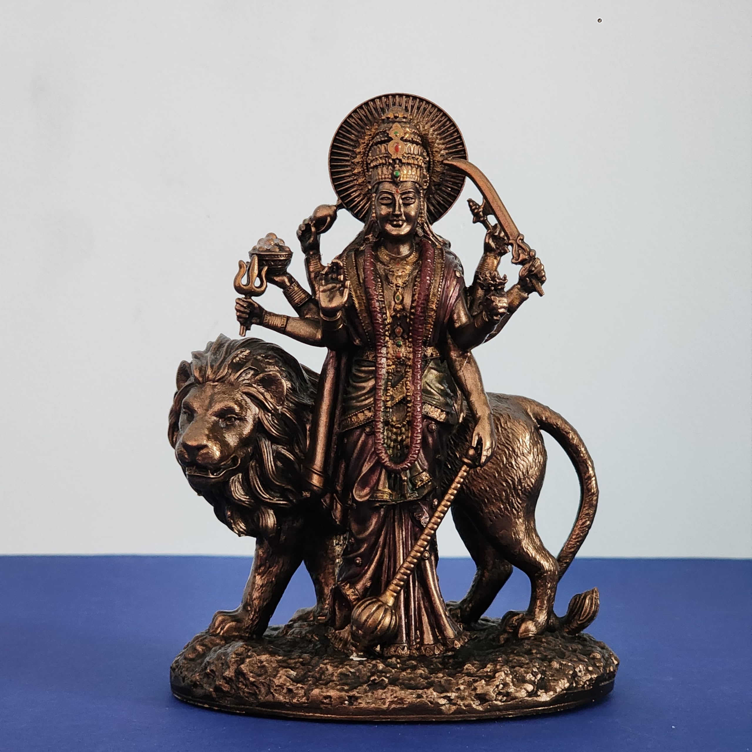 Goddess Durga Statue On Lion 6 Inch Bronze Finished Sherawali MATA Moorti for Small Temple