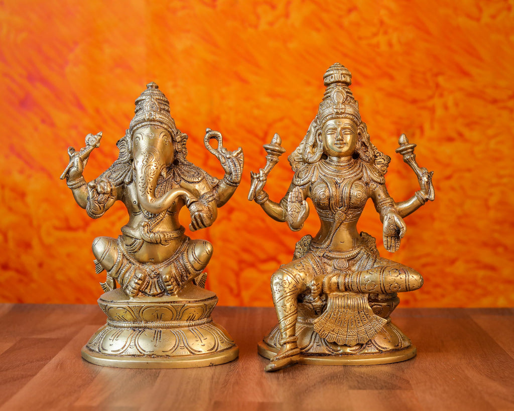 7 Inch Brass Lakshmi Ganesh Idol Medium Size
