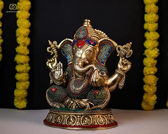  Lord Ganesh Statue Large Size Brass Ganapati Idol with Mosaic Stone Work 