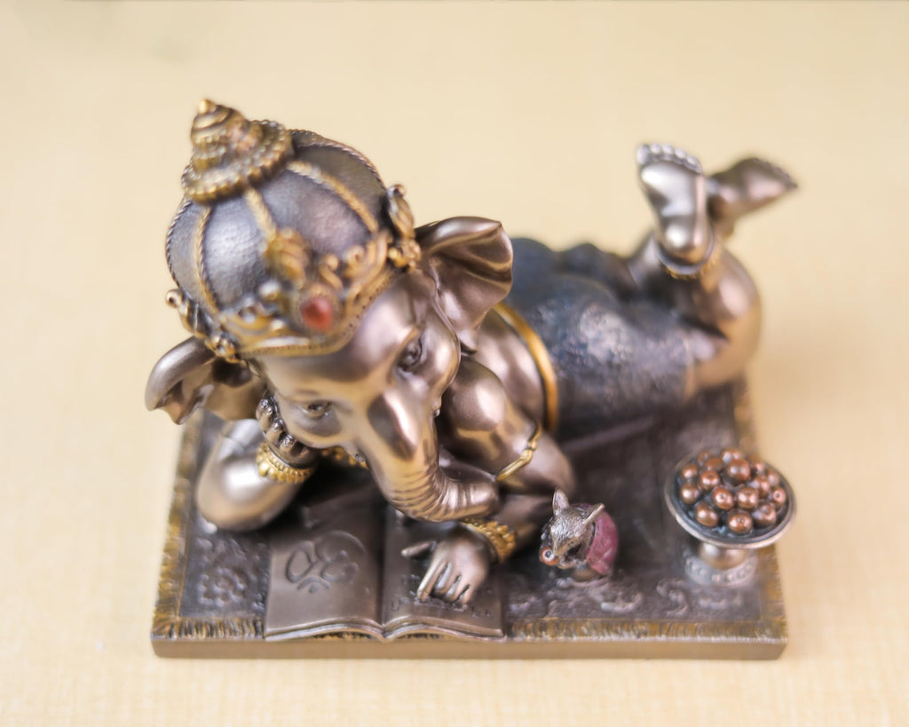 Baby Ganesh Statue | Bronze Finished Relaxing Ganesha Idol | 5 inch