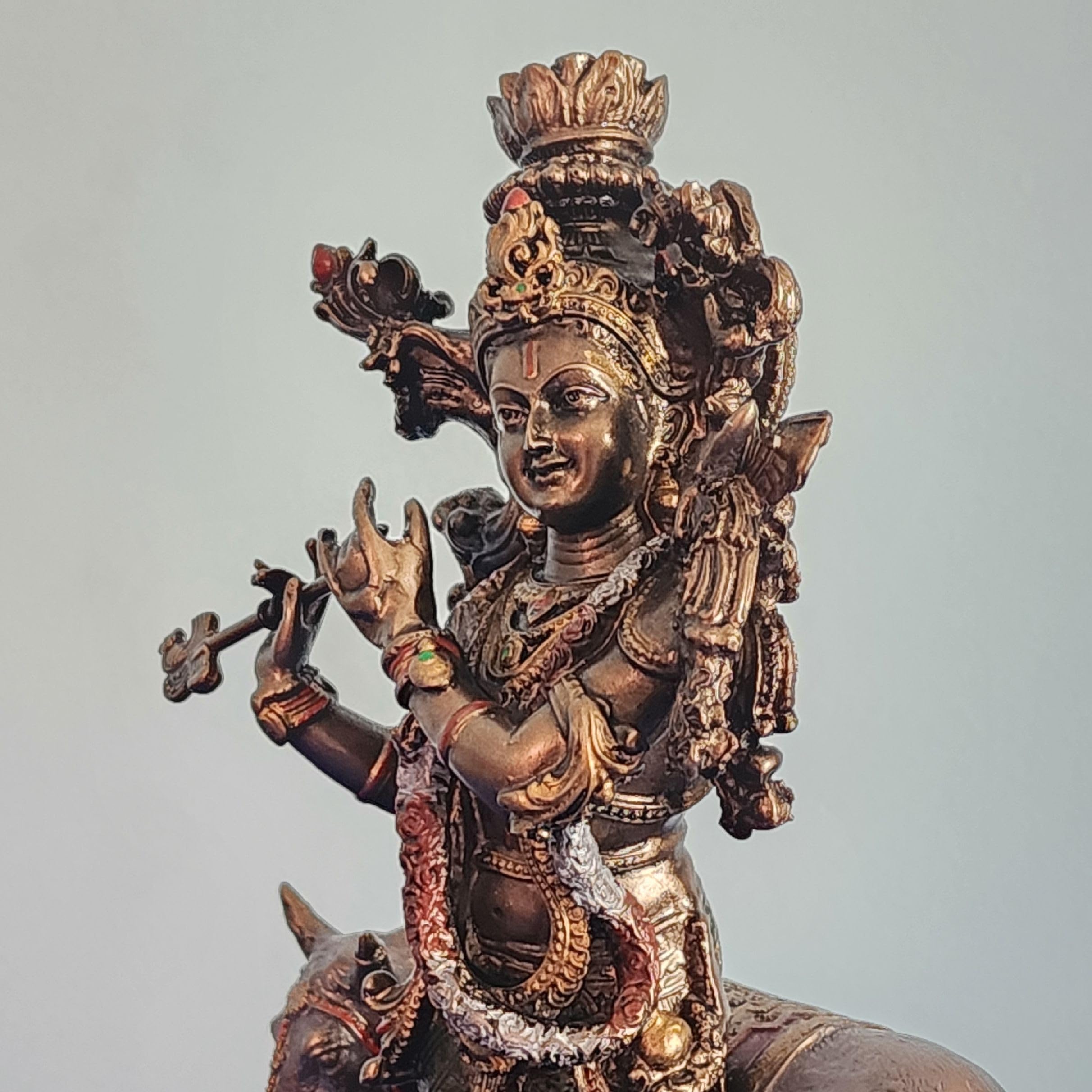 Bronze-Finished Krishna with Cow Statue
